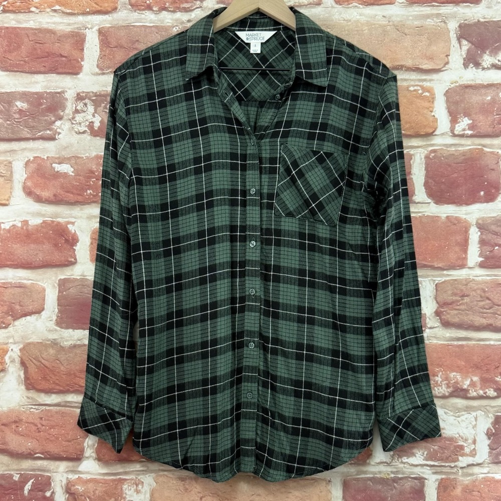 Market & Spruce Top Women's Small Green Plaid Flannel Casual Button Front Shirt